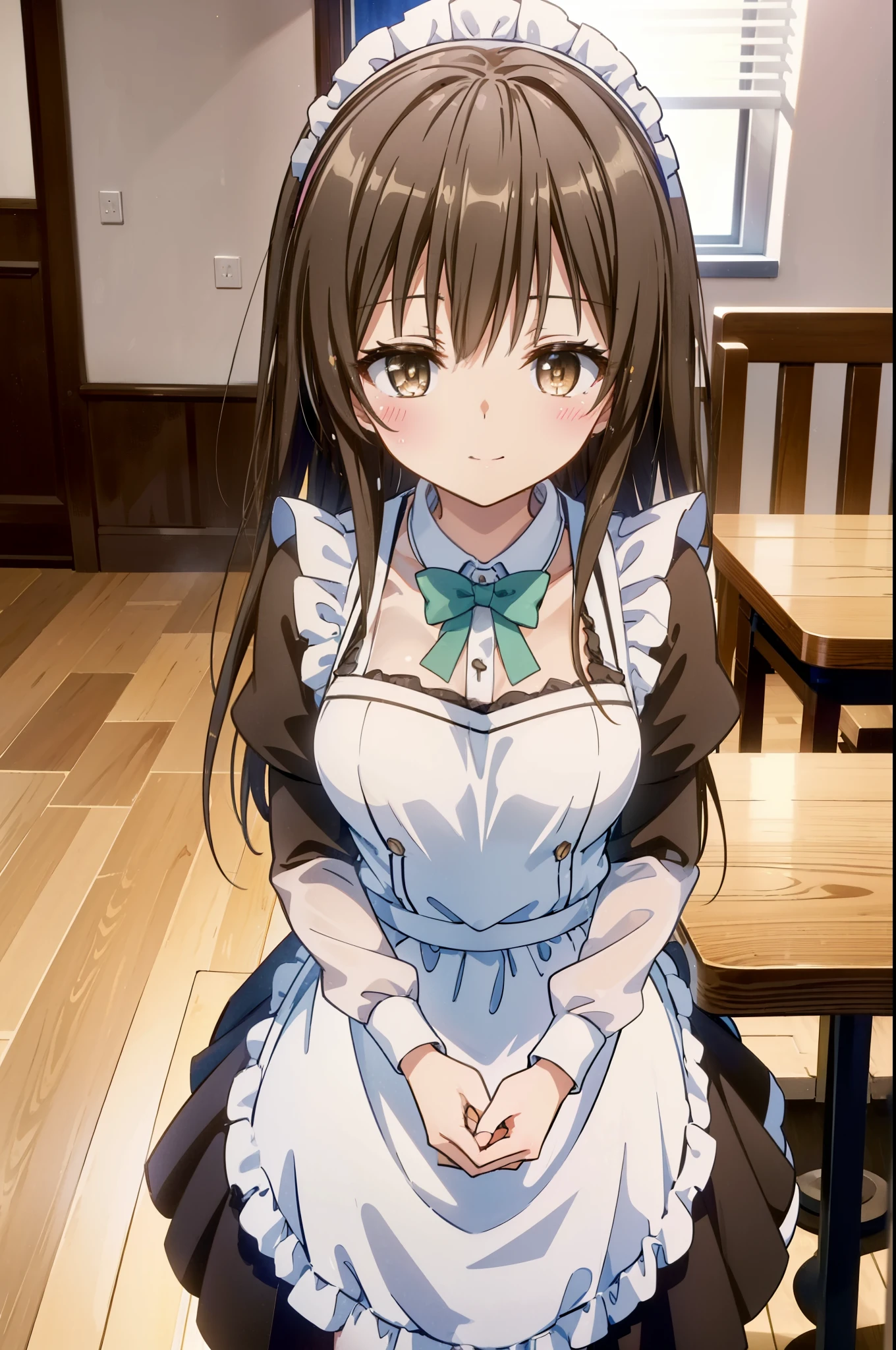 yuikotegawa, Yui Kotegawa, Black Hair, (Brown eyes:1.5), smile,blush,happy smile, smile, Open your mouth,Long Hair,headdress, dress, apron,Maid clothes,Long skirt ,White pantyhose,Stiletto heels,Looking at the audience, ,clavicle, cute, smile, Open your mouth, alone, Long sleeve, indoor, Cafe, rest, food, drink, Tables and chairs, cleaning, tray, tray in one hand
注文を取りにテーブルにやってくる, ((Detailed very cute waitress uniform)), 
壊す indoors, Destroying a coffee shop looking at viewer, Systemic
break (masterpiece:1.2), highest quality, High resolution, unity 8k wallpaper, (shape:0.8), (Fine and beautiful eyes:1.6), Highly detailed face, Perfect lighting, Highly detailed CG, (Perfect hands, Perfect Anatomy),