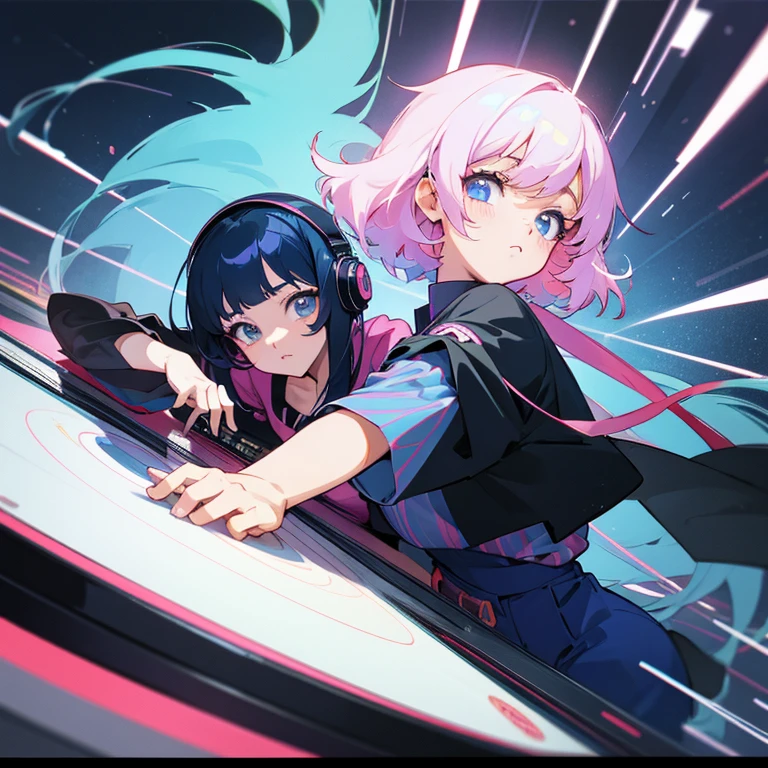 two anime girls in headphones are playing music on a turntable, anime vibes, anime style 4 k, ig studios anime style, nightcore, 8 0 s anime vibe, anime girls, anime style. 8k, lofi artstyle, dj sura, anime moe artstyle, anime style illustration, trending on cgstation, anime style artwork, e - girl,Beautiful big ,highest quality,detailed