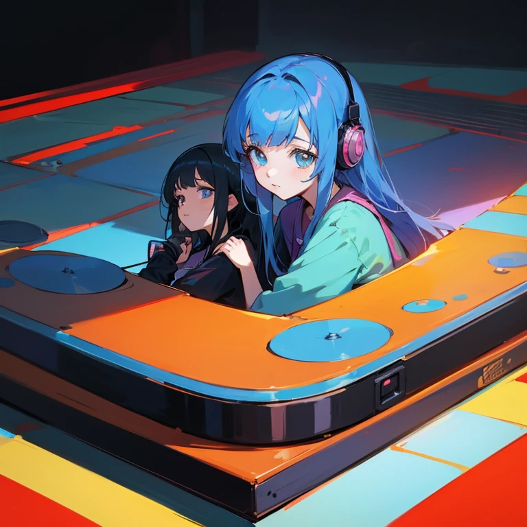 two anime girls in headphones are playing music on a turntable, anime vibes, anime style 4 k, ig studios anime style, nightcore, 8 0 s anime vibe, anime girls, anime style. 8k, lofi artstyle, dj sura, anime moe artstyle, anime style illustration, trending on cgstation, anime style artwork, e - girl,Beautiful big ,highest quality,detailed