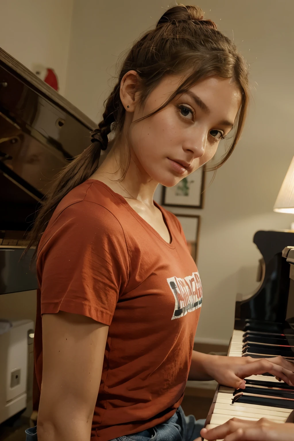 Beautiful girl is playing the piano. Ela tem ohos verdes, cabelos pretos e lisos, pele branca, rosto bem definido estilo nerd. She is wearing a small red shirt and her hair is tied up..