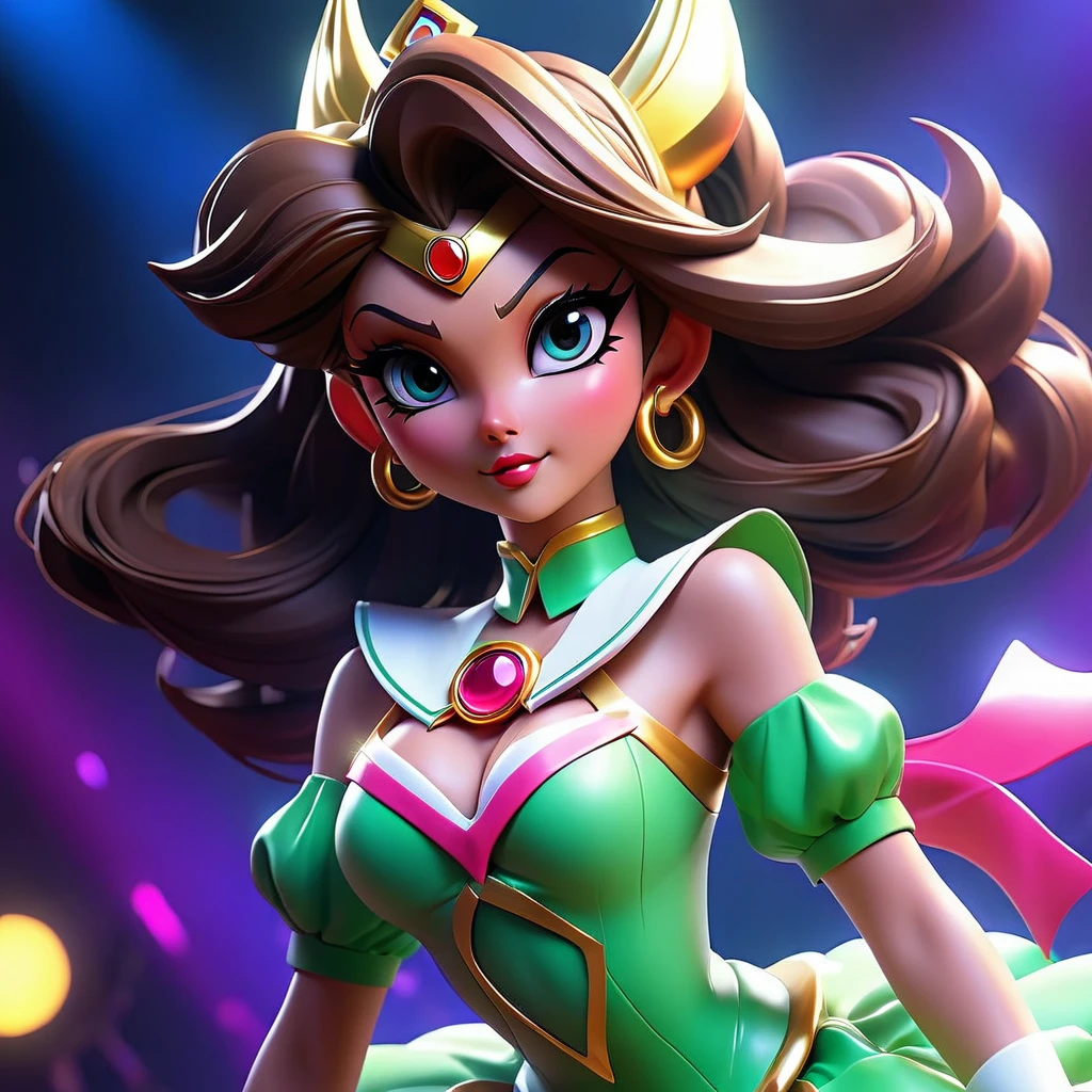 A busty goblin woman, JPop sexy sailor scout idol costume, performing on stage, holograms of her acting embarrassed, revealing panties, background with vibrant colors, intense stage lighting and fog, lively crowd, dynamic dance moves, glowing neon signs, glitter and sequins, high-resolution art, photorealistic rendering, vivid color palette, anime-inspired style, dramatic shading, shiny vinyl material, detailed facial features, sparkling jewelry, provocative poses, energetic atmosphere, professional makeup, fancy backdrop, concert-like ambience, flawless skin, exaggerated expressions, flirtatious smile, stunning performance, artistically crafted stage design, intricate stage props, synchronized dance routines, glaring spotlights, enthusiastic audience, bokeh effect, dazzling visual effects, lively music, upbeat tempo. (best quality, 4k, highres, photorealistic:1.2), ultra-detailed, realistic lighting, vibrant colors, captivating composition.
