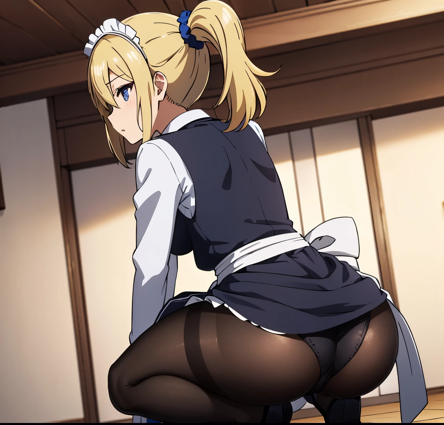 1girl, alone, Ai hayasaka,masterpeace, best quality, highres, blonde hair, maid, blue eyes, side ponytail, hair scrunchie, hair ornament, blue scrunchie, maid headdress, apron, hair between eyes, breasts, long sleeves, bangs, white shirt, black dress, sidelocks, maid apron, black pantyhose, squatting, ass, from behind, (skirt lift:1.3), panties under pantyhose, perfect hands, perfect anatomy