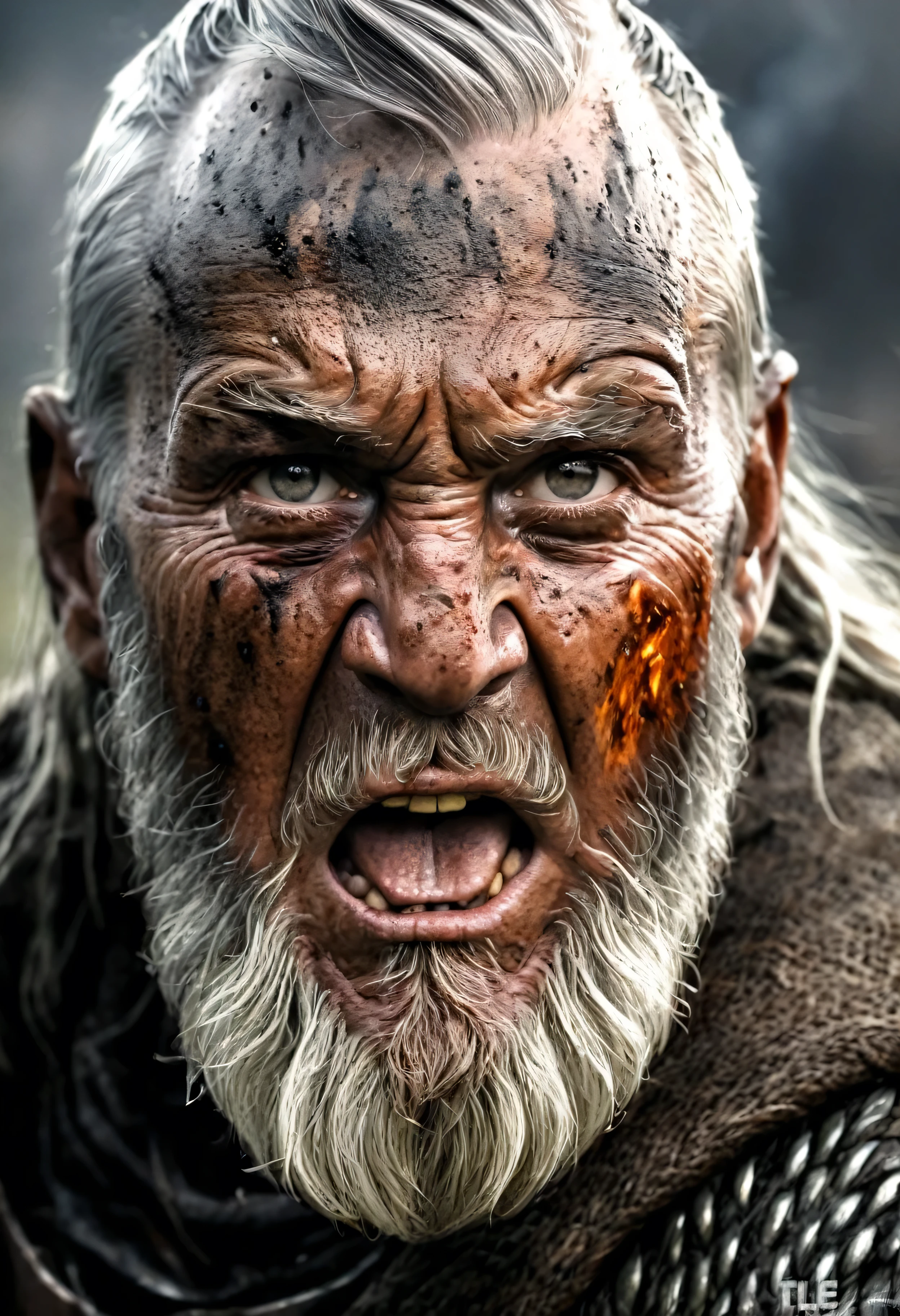 viking old face burning during battle sharp image realism sharp details strong expression