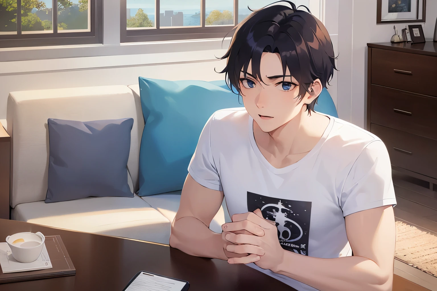 fist pump、joy、Biologically correct five fingers、extremely detailed CG, 8k, super fine illustration, upper body, masterpiece, top quality, masterpiece, top quality, (25 year old man: 1.5) and (short black hair) and (blue eyes) , (white T-shirt:1.5), standing, smile, opne mouth, The background is the living room, (alone: 1.5),