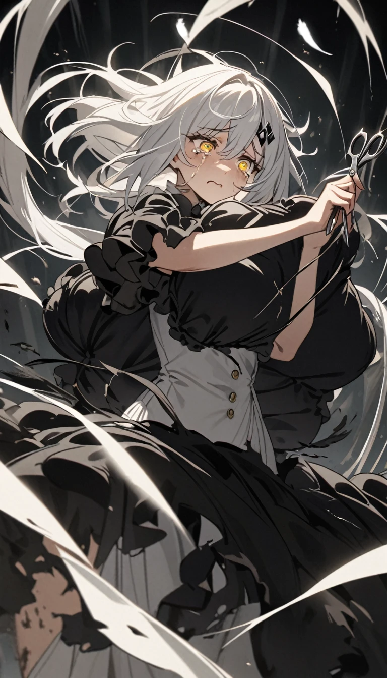 A woman, flowing white hair, melancholy eyes, yellow pupils, black diamond-shaped hairpin, A woman is cutting up a Tattered super huge black silk cushion with scissors in a dirty way. Tiny feathers are dancing, crying