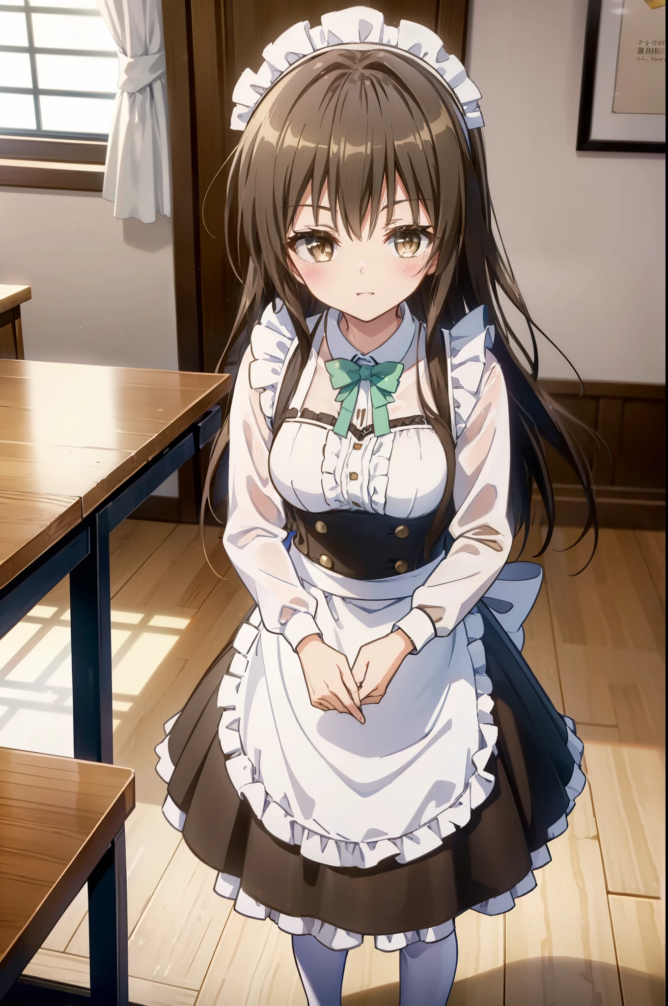 yuikotegawa, Yui Kotegawa, Black Hair, (Brown eyes:1.5), smile,blush,happy smile, smile, Open your mouth,Long Hair,headdress, dress, apron,Maid clothes,Long skirt ,White pantyhose,Stiletto heels,Looking at the audience, ,clavicle, cute, smile, Open your mouth, alone, Long sleeve, indoor, Cafe, rest, food, drink, Tables and chairs, cleaning, tray, tray in one hand
注文を取りにテーブルにやってくる, ((Detailed very cute waitress uniform)), 
壊す indoors, Destroying a coffee shop looking at viewer, Systemic
break (masterpiece:1.2), highest quality, High resolution, unity 8k wallpaper, (shape:0.8), (Fine and beautiful eyes:1.6), Highly detailed face, Perfect lighting, Highly detailed CG, (Perfect hands, Perfect Anatomy),