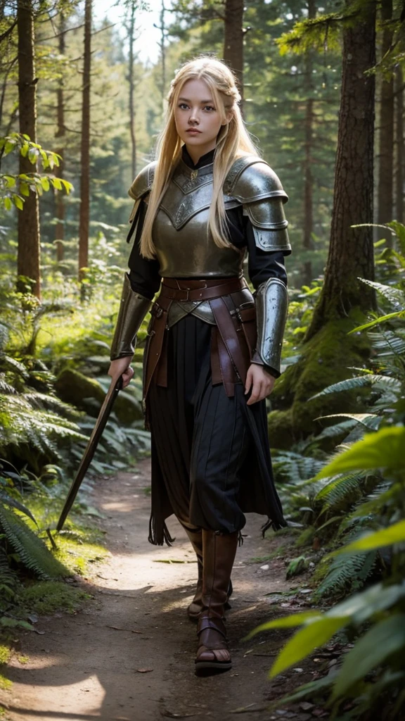 Woman in Viking armor, Walking in the forest, best quality, long hair blonde