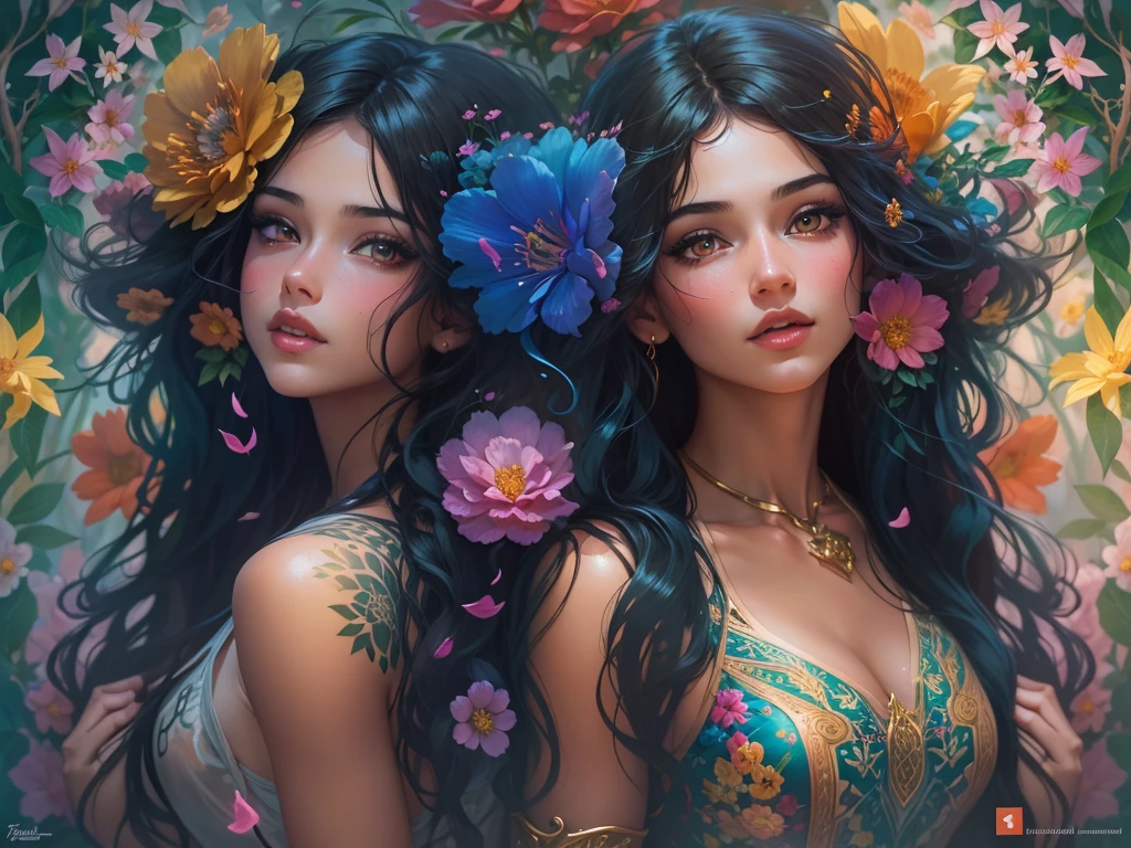 Lisa Frank Art Color, Full Body, Small Breasts, Perfect Buttocks, Beautiful Woman, Multicolored Long Hair, Multicolored Aurora, Art Face by Tom Bagshaw, Emile Vernon Style, Full Body Dynamic Motion Pose, Beautiful Woman with Long Hair, Jewelry gold, oil painting, fantasy, intricate, stunning highly detailed girl by Artgerm and Edouard Bisson, beautiful elegant, fantasy, flowers, forest, Highly Detailed, Digital Airbrush, photorealistic, Octane Rendering, black hair, black lips, gothic, rapunzel hair long, long golden and black hair, long golden and black hair, Digital Painting, soft skin wide eyes watercolor, style, sketch, Watercolor paiting, Watercolorist, Portrait of a beautiful girl with long curly hair, Vintage cartoon, GHIBLI , Artgerm, WLOP , Alphonse Mucha Intricately detailed hyper-detailed dynamic lighting Splash art trend in triadic colors Artstation Volumetric lighting Unreal Engine 5, See-through clothing, slight smile,, legs spread, View of pubic hair, 1 sexy girl in see-through forest clothing, breasts exposed, Open transparent T-shirt, Tattoos of mandalas and flowers, The best quality,
