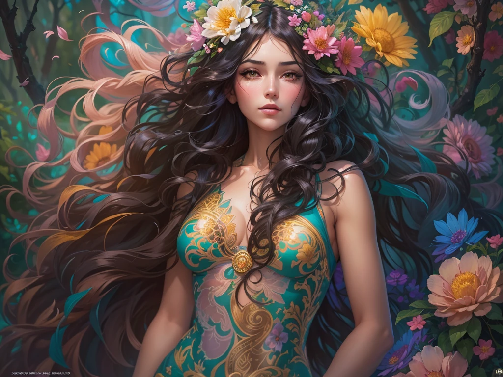 Lisa Frank Art Color, Full Body, Small Breasts, Perfect Buttocks, Beautiful Woman, Multicolored Long Hair, Multicolored Aurora, Art Face by Tom Bagshaw, Emile Vernon Style, Full Body Dynamic Motion Pose, Beautiful Woman with Long Hair, Jewelry gold, oil painting, fantasy, intricate, stunning highly detailed girl by Artgerm and Edouard Bisson, beautiful elegant, fantasy, flowers, forest, Highly Detailed, Digital Airbrush, photorealistic, Octane Rendering, black hair, black lips, gothic, rapunzel hair long, long golden and black hair, long golden and black hair, Digital Painting, soft skin wide eyes watercolor, style, sketch, Watercolor paiting, Watercolorist, Portrait of a beautiful girl with long curly hair, Vintage cartoon, GHIBLI , Artgerm, WLOP , Alphonse Mucha Intricately detailed hyper-detailed dynamic lighting Splash art trend in triadic colors Artstation Volumetric lighting Unreal Engine 5, See-through clothing, slight smile,, legs spread, View of pubic hair, 1 sexy girl in see-through forest clothing, breasts exposed, Open transparent T-shirt, Tattoos of mandalas and flowers, The best quality,