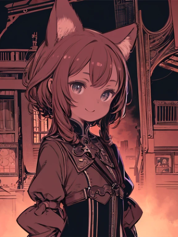 masterpiece、highest quality、High resolution、Very detailed、Beautiful eyeedium wide shot、((((Flat Color))))、Girl、Dystopia、ruins、Cloudy、smile、steampunk、Dark Background、cute、Cat、