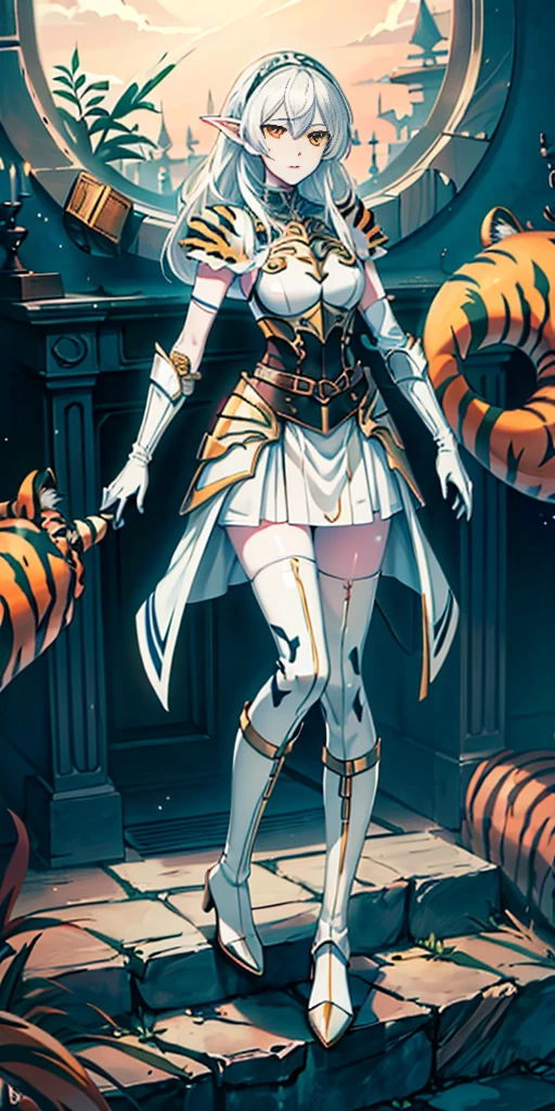 masterpiece, best quality, high quality, white SKIN elf, long hair, white hair, yellow eyes, full body, def_effie, blue breastplate, white skin, looking at viewer, shiny, armor, thigh highs, high boots, shoulder armor, faulds, poleyn, gloves, gauntlets, TigerstripeAI