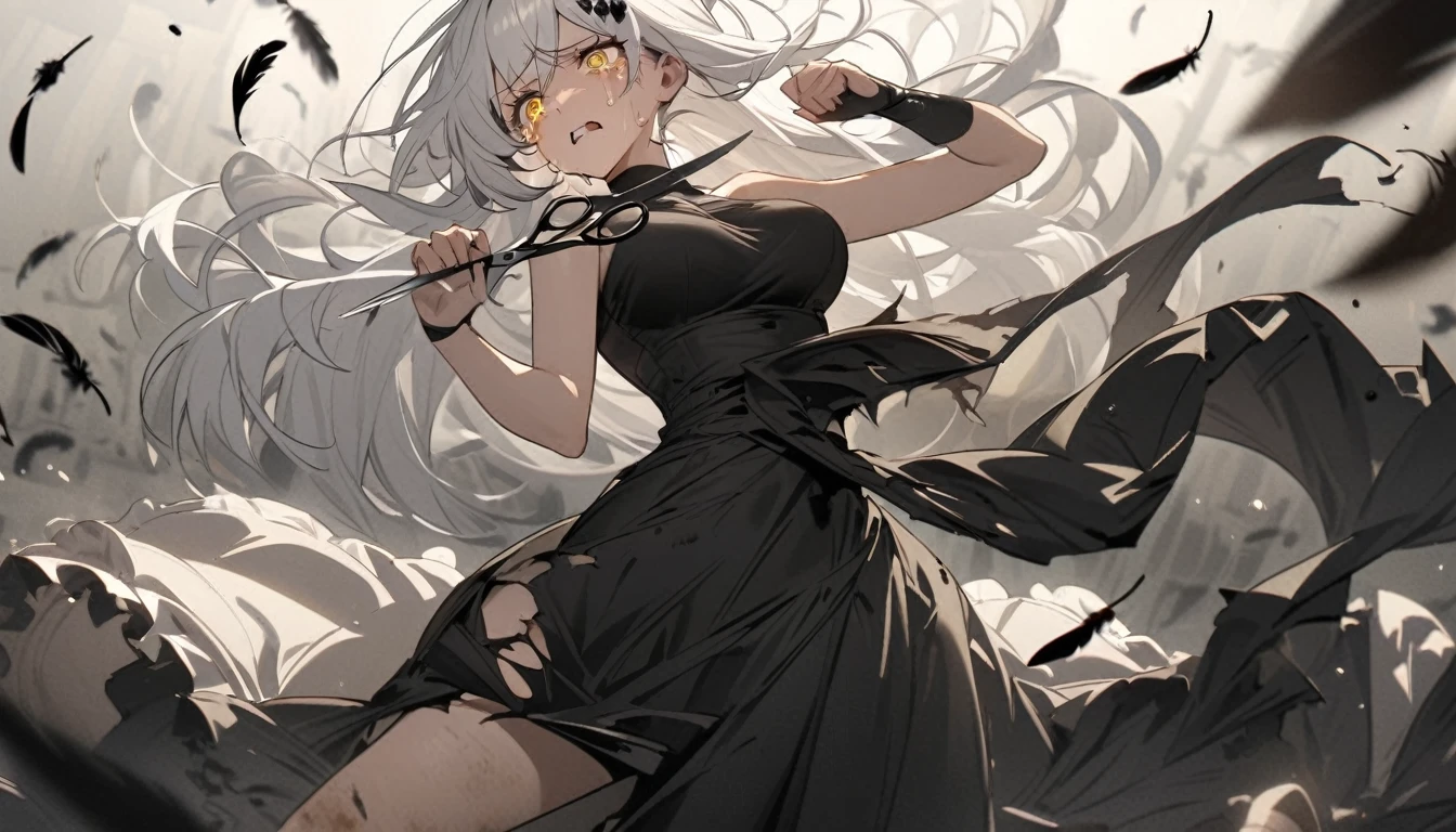 A woman, flowing white hair, melancholy eyes, yellow pupils, black diamond-shaped hairpin, A woman is cutting up a Tattered super huge black silk cushion with scissors in a dirty way. Tiny feathers are dancing, crying