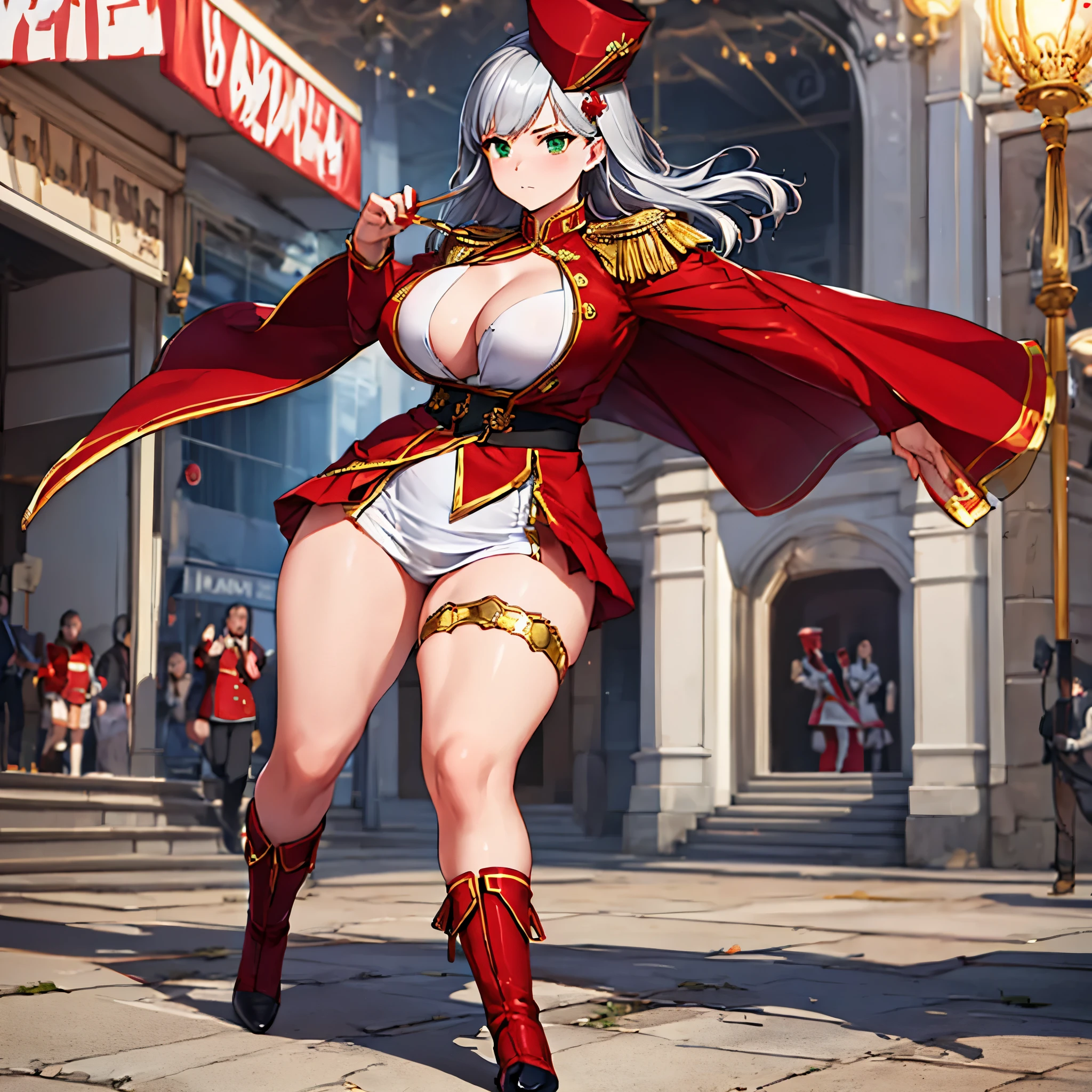 A woman wearing red marching band uniforms with gold details, gold shoulder pads, wearing a red drum major hat with gold details, black boots, big breasts, long silver hair, green eyes, serious face, full body, walking on the dance floor of a city, various people in blurred marching band uniforms,,( solo woman), glow, drop shadow, flower, UHD, masterpiece, accurate, anatomically correct, textured skin, super detail, high quality, best quality, 8k, high resolution, bokeh effect.
