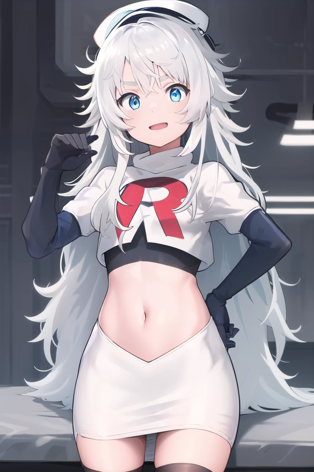 masterpiece, best quality, highres, 1girl, solo, long hair, hat, blue eyes, white hair, messy hair, team rocket,team rocket uniform,white skirt,red letter R,crop top,black thigh-highs,black elbow gloves