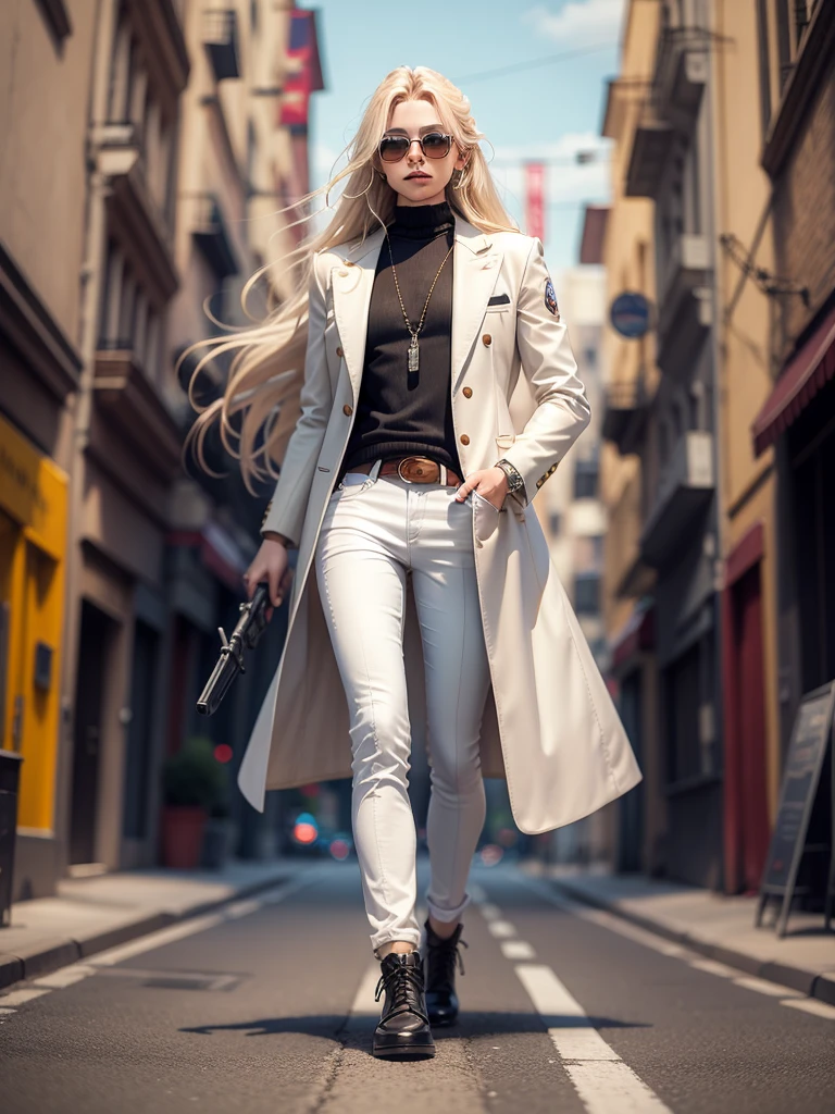 Long blond hair, hapiness, sunglasses, White jeans, white long coat, belt, bracelet, gun holster, rivet, Walking on the city streets,There's an explosion behind me, night, poster.