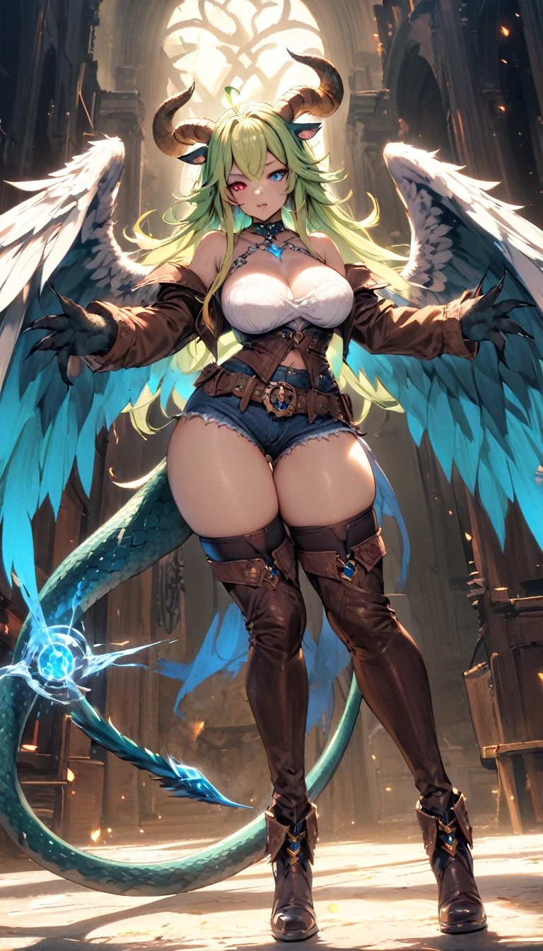 4k,hight resolution,One Woman,harpy,lightblue hair,Long ponytail,huge tit,large white wings,Orange claws,A queen,The Queen's Tiara,Black high-leg pants,Black bra,jewel decorations,in woods