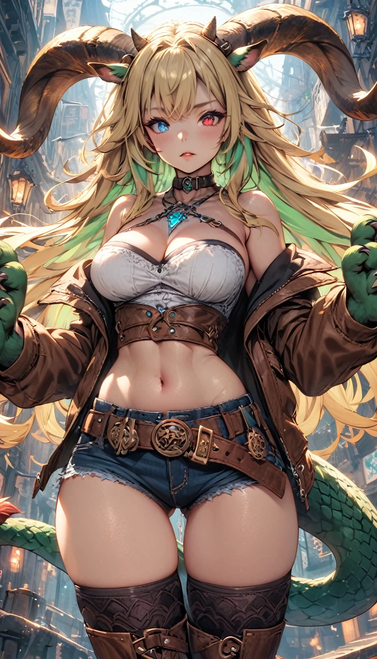 (masterpiece), (best quality:1.4), (perfect anatomy:1.4), high quality, expressive eyes, full body, tall girl, detailed face, beautiful face, perfect face, detailed ((blonde hair)), (green hair), {{pale skin}}, chimera, large breasts, thick thighs, very long hair, bare shoulders, denim, (short shorts), dynamic lighting, high resolution, 4k resolution, dynamic pose, silver jewelry, {fantasy background}, choker, animal ears, cat ears, ((lion ears)), {{snake head tail}}, snake tail, (tail), ((multicolored hair)), thigh-highs, horns, goat horns, dragon horns, curvy, ((monster girl)), heterochromia, red eyes, icy blue eyes, feathered wings, claws, thigh gap, white shirt, brown leather jacket, cowboy hat, midriff, animal hands,