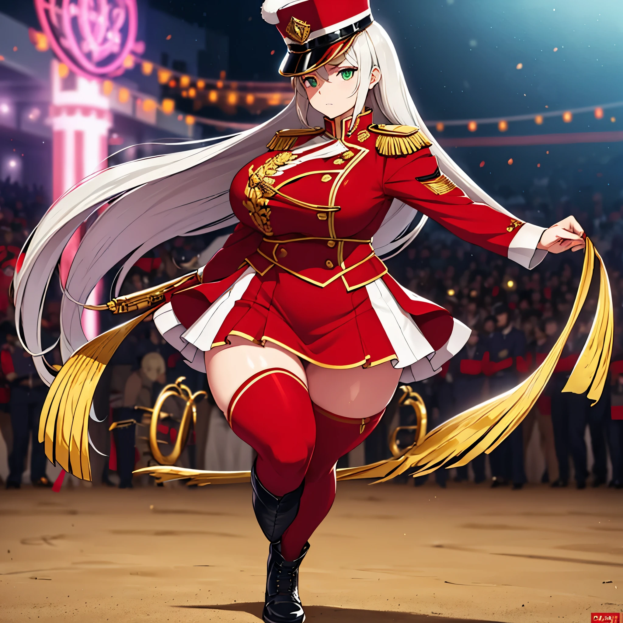 A woman wearing red marching band uniforms with gold details, gold shoulder pads, wearing a red drum major hat with gold details, black boots, big breasts, long silver hair, green eyes, serious face, full body, walking on the dance floor of a city, various people in blurred marching band uniforms,,( solo woman), glow, drop shadow, flower, UHD, masterpiece, accurate, anatomically correct, textured skin, super detail, high quality, best quality, 8k, high resolution, bokeh effect.
