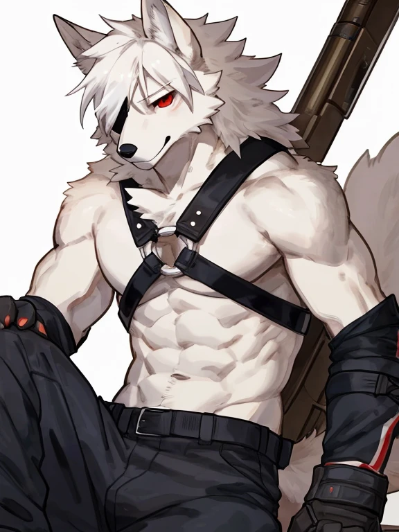 ((8k, 4k, Detailed, High quality, masterpiece, perfect anatomy, sfw)), furry, male, mature male, Von Lycaon, wolf, red eyes, eye patch, fluffy tail, tactical pants, baggy tantical pants, gear, harness, white hair, white fluffy hair, white spikey hair, shirtless, topless, visible abs, muscular, lean, visible biceps, by Buta99, by SpiritD, by Bebebebebe, plain white background, white background, solo, 1 male, white fur, white body,