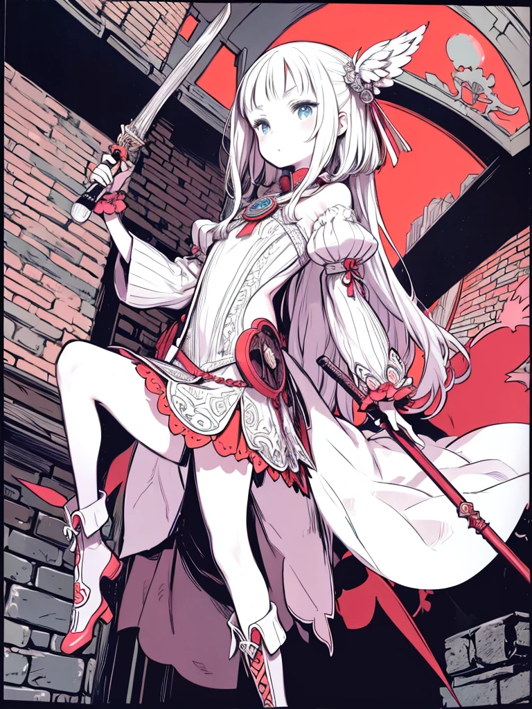 masterpiece、highest quality、High resolution、Very detailed、Beautiful eyeedium wide shot、((((Flat Color))))、Girl、Fantasy、Dungeons、Adventurer、game、torch、stage、Brick wall、