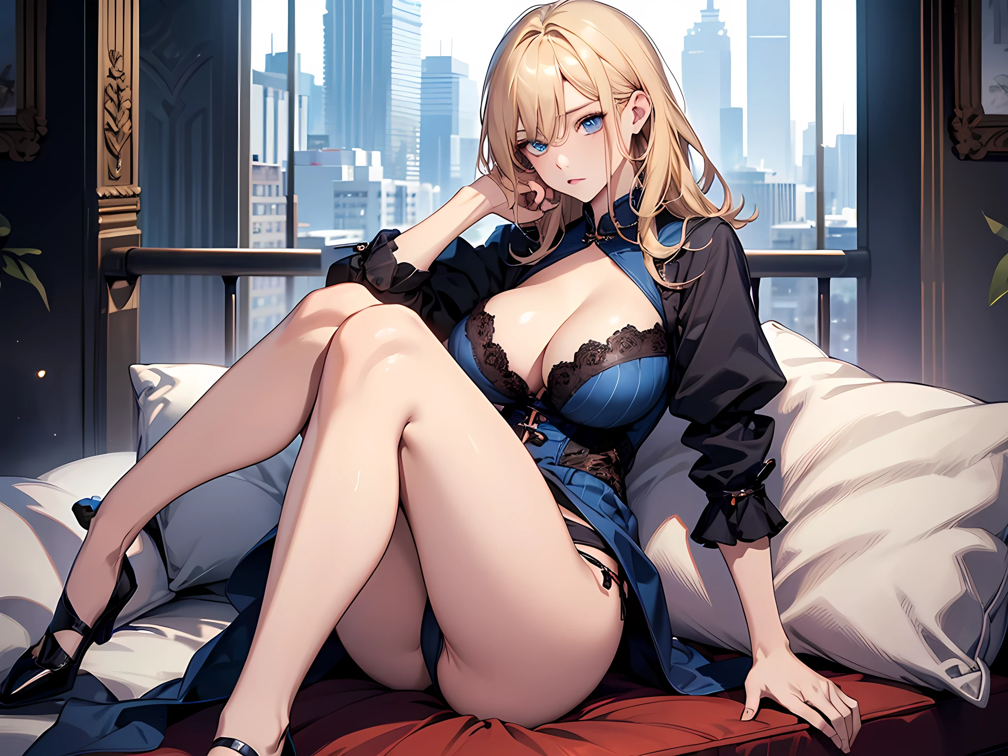 best quality, realism, real, photo: 1.4), Ji Xiaoman, Blond, blue eyes, hand on belly, big breasts, large breasts, cleavage, thick legs, thights, sitting, knees up, open legs, real, photo", detailed eyes, extremely detailed eyes