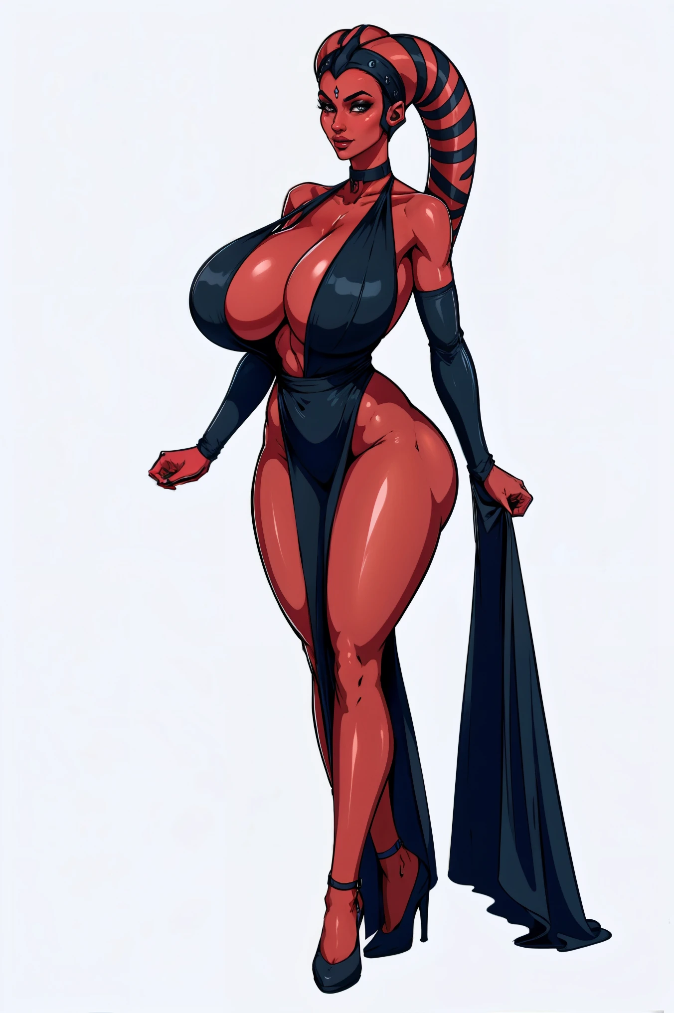 Tall, (thin), Red Skin Twi'lek with (gigantic breasts) wearing a black dress, choker, gigantic breasts, cleavage, tall, graceful, (tall), slim hips, small waist, full-body shot