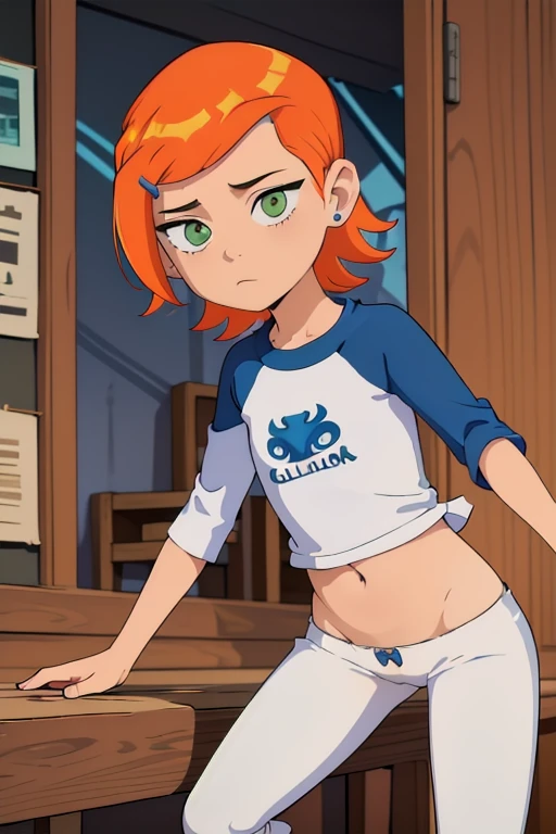 (Obra maestra, Mejor calidad), 1 chica, claasicgwen,solo,pelo naranja,cabello corto,Ojos verdes ,camisa azul,raglan sleeves,mangas largas,pantalones blancos, hentai, sex