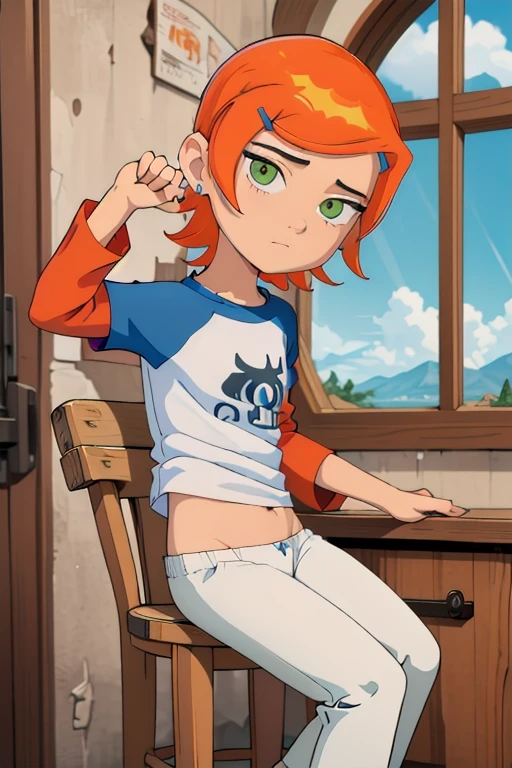 (Obra maestra, Mejor calidad), 1 chica, claasicgwen,solo,pelo naranja,cabello corto,Ojos verdes ,camisa azul,raglan sleeves,mangas largas,pantalones blancos, hentai, sex