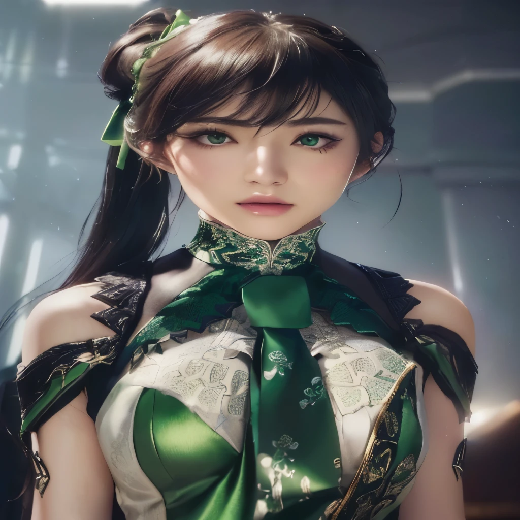 a close up of a woman with a green tie and a green dress, akihiko yoshida. unreal engine, unreal engine character art, unreal 6 breathtaking detailed, 8 k uhd character details, 8 k character details, 8k portrait render, artgerm ; 3d unreal engine, dead or alive 6, unreal engine : : rave makeup