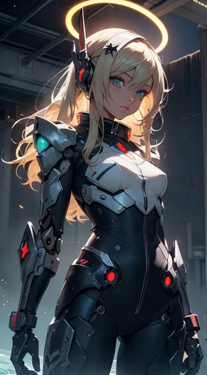 masterpiece,best quality,ultra-detailed,very detailed illustrations,extremely detailed,intricate details,highres,super complex details,extremely detailed 8k cg wallpaper,cowboy shot, caustics,reflection,ray tracing,demontheme,nebula,dark aura,cyber effect, (1girl:1.4),solo,alone,mecha musume,mechanical parts, robot joints,single mechanical arm, headgear, mechanical halo,star halo,intricate mechanical bodysuit, mecha corset, kimono, full armor, very long hair,, hair between eyes, blonde hair, colored inner hair, green eyes,glowing eye,eye trail, random expressions,random action, ancient japanese architecture,pond, starry sky,skyline,
