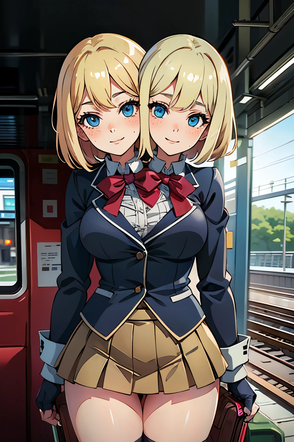 (masterpiece),(ultra-detailed), (high quality), (high resolution), (best quality:1.5, highres, UHD), highres, absurdo, ultra detail, ultra quality, Ultra resolution, 16k, ((2heads:1.5)), 1girl, ((anime girl with two heads)), (blonde hair) magenta blue blouse with jacket and a mini skirt with pleats, fingerless black gloves, suede shoes, freckles, gentle smile, tomboy, cowboy shot, railway station, blue eyes