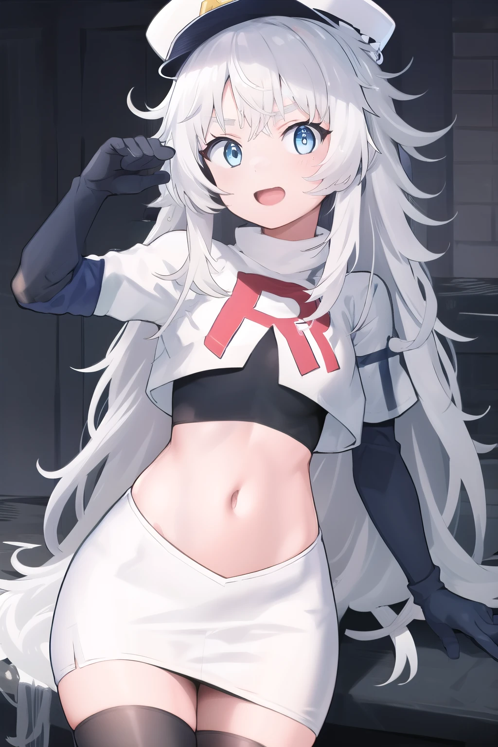 masterpiece, best quality, highres, 1girl, solo, long hair, hat, blue eyes, white hair, messy hair, team rocket,team rocket uniform,white skirt,red letter R,crop top,black thigh-highs,black elbow gloves