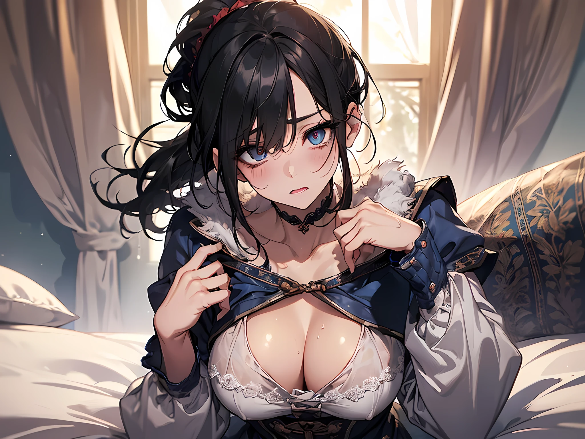Super detailed(eye:1.7),highest quality、Best image quality、On the bed、Beautiful valley、Disheveled clothes、thin、Humiliated face、black hair color, Dog Pose、Super detailed、Big breasts, cleavage、Light Particles 0.5、Moist eyes、Wet body、Open your mouth、(blushing: 1.0)、Small face、Russian peasant clothing、Up ponytail