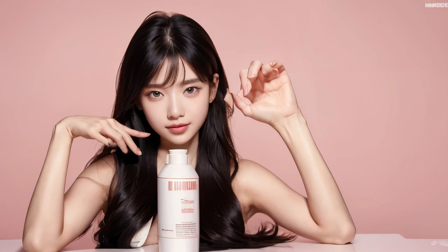 masutepiece, Best Quality, Photorealsitic, finely detail, hight resolution, 8K Wallpapers, Perfect dynamic composition, Beautiful detailed eyes, Medium Hair, large full breasts, a young 25 years old asian girl aiko, facing her back at the camera with her long silky black hair. holding a small bottle at her hand on her head. possing to show off the product. wearing a black gown 、23years old、(Drooping eyes 1.4)、Adult beauty、japanese, holding a small bottel serum with a smile