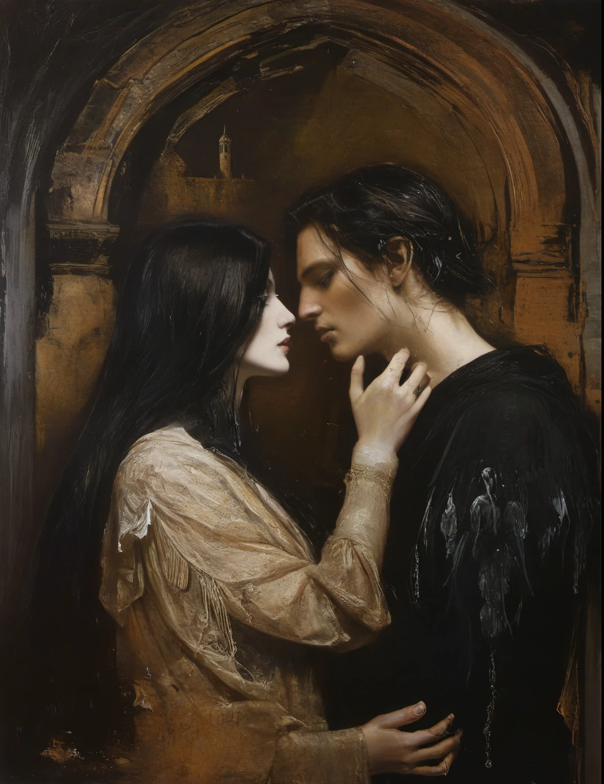 James Gurney, Surrealist art , dream-like, Mysterious, Provocative, symbolic, Complex, detailed,, (Gothic but very beautiful:1.4), (masterpiece, highest quality:1.4) , Nicola Samori Style, Lovers