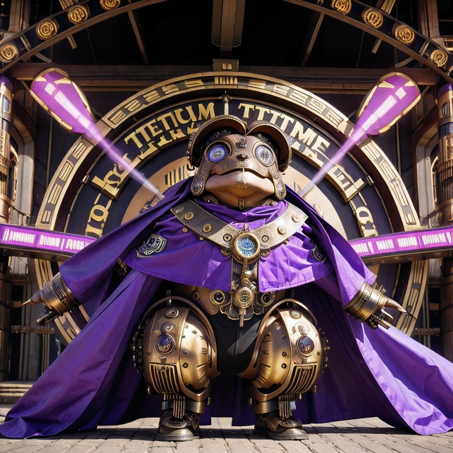 idol stage idol stage there is a (((steam punk))) frog with purple eyes and a purple cape, (one) Fantasy style, 4k solar punk wallpaperone