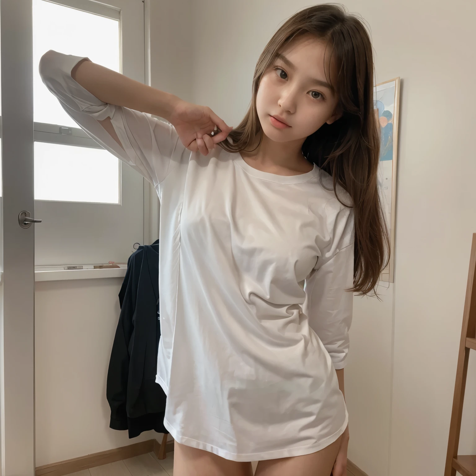 (Masterpiece)1.5  Girls, Beautifull Face, Beautifull Body, Long Leg, Long Hand, Quiet Face,  With Long transparent school Shirt, Open breast, Cute Face,stick out tongue while Sad
  , Long Leg, Long Leg, Long Leg, Tongue, Open Leg, Beautifull, Beautifull Face, Korean Face, stand