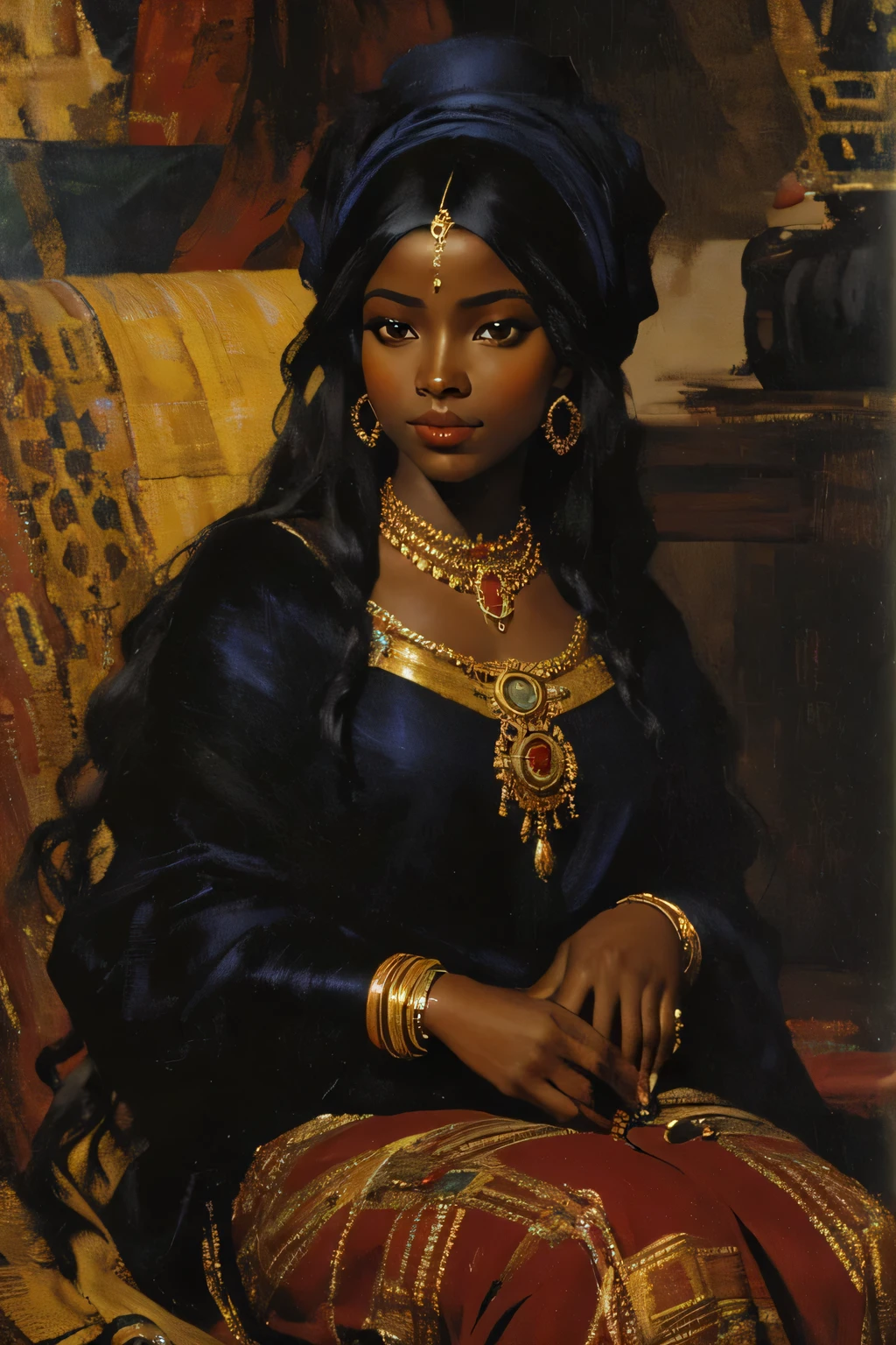 oil painting of a beautiful black woman, resembling rihana, long hair, red-blue-gold rich african clothes, with details, high definition, renaissance style