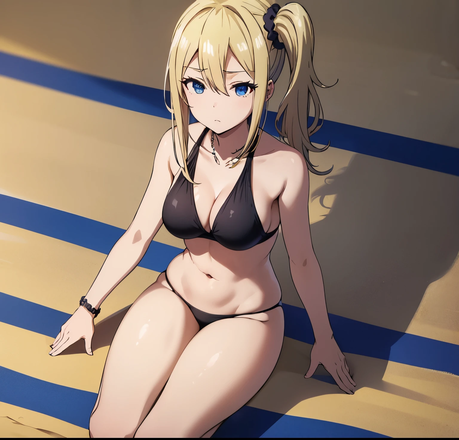 1girl, alone,Ai hayasaka,masterpeace, best quality, high resolution, black bikini, black bra, black thong, side ponytail, hair between eyes, blue eyes, blonde hair, hair ornament, big breasts, medium waist ,wide hips, medium thighs, hair scrunchie, bangs, long hair, side locks, necklace, collarbone, jewelry, beach, sea, sunny, good lighting, sitting on the sand, legs open, looking at the viewer, head on, pov (from above), perfect anatomy, perfect hands,