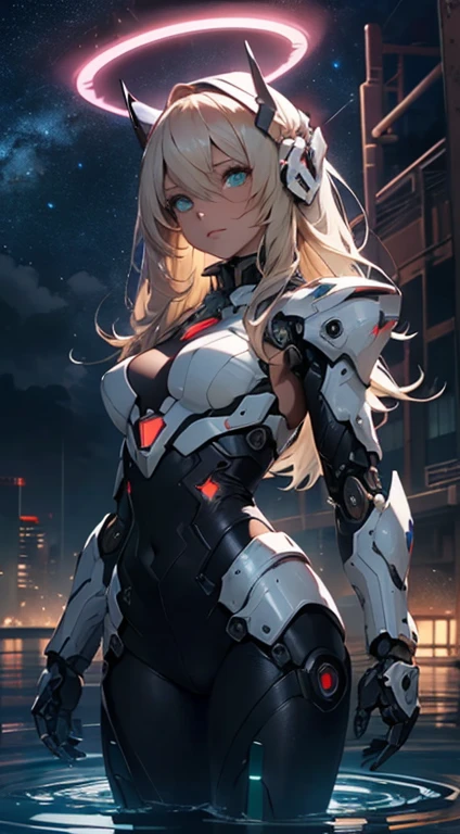 masterpiece,best quality,ultra-detailed,very detailed illustrations,extremely detailed,intricate details,highres,super complex details,extremely detailed 8k cg wallpaper,cowboy shot, caustics,reflection,ray tracing,demontheme,nebula,dark aura,cyber effect, (1girl:1.4),solo,alone,mecha musume,mechanical parts, robot joints,single mechanical arm, headgear, mechanical halo,star halo,intricate mechanical bodysuit, mecha corset, kimono, full armor, very long hair,, hair between eyes, blonde hair, colored inner hair, green eyes,glowing eye,eye trail, random expressions,random action, ancient japanese architecture,pond, starry sky,skyline, pink and white suit, feminine 