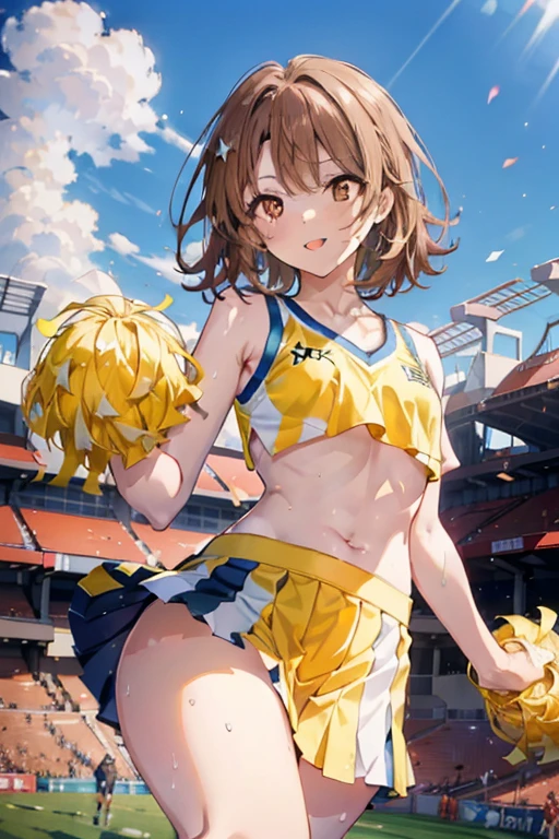 irohaisshiki, Iroha Isshiki, short hair, brown hair, (Brown eyes:1.5), smile,happy smile, smile, Open your mouth,(cheer leading), (whole body), Medium Chest, (Sweaty), Sweaty Wet Clothes, (Yellow clothes),Yellow pleated skirt,sneakers , Belly button support, playground, (Jump), (Jump), 足を曲げてJumpする, air, blue sky, Grass原, smile,Cheerleader, Pompoms on both hands \(cheer leading\)have, Grass, smile,
break outdoors,Stadium,
break looking at viewer,Lower Body,(Cowboy Shot:1.5),
break (masterpiece:1.2), highest quality, High resolution, unity 8k wallpaper, (shape:0.8), (Fine and beautiful eyes:1.6), Highly detailed face, Perfect lighting, Highly detailed CG, (Perfect hands, Perfect Anatomy),大Jump,((Looking up from directly below)),Leg spread,