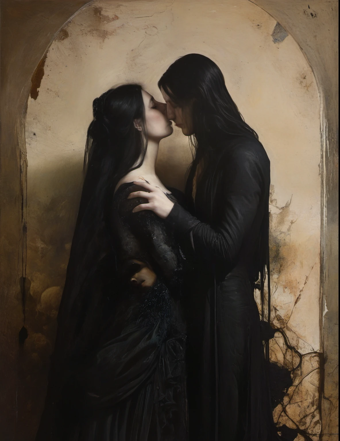 James Gurney, Surrealist art , dream-like, Mysterious, Provocative, symbolic, Complex, detailed,, (Gothic but very beautiful:1.4), (masterpiece, highest quality:1.4) , Nicola Samori Style, the lovers