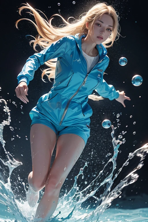 Full-body cinematic photo of a woman running towards the viewer, What is your foot size?３０centimeter,Create abstract colored paintings in form-fitting waterproof suits standing in bubbles,, Wet Hair, Paint Rain, Soft and smooth shape，A variety of vibrant pastel colors，Contrast with an abstract and simple background, 35mm Photography, Cinema Lighting, Bokeh, Professional, 4K, Very detailed