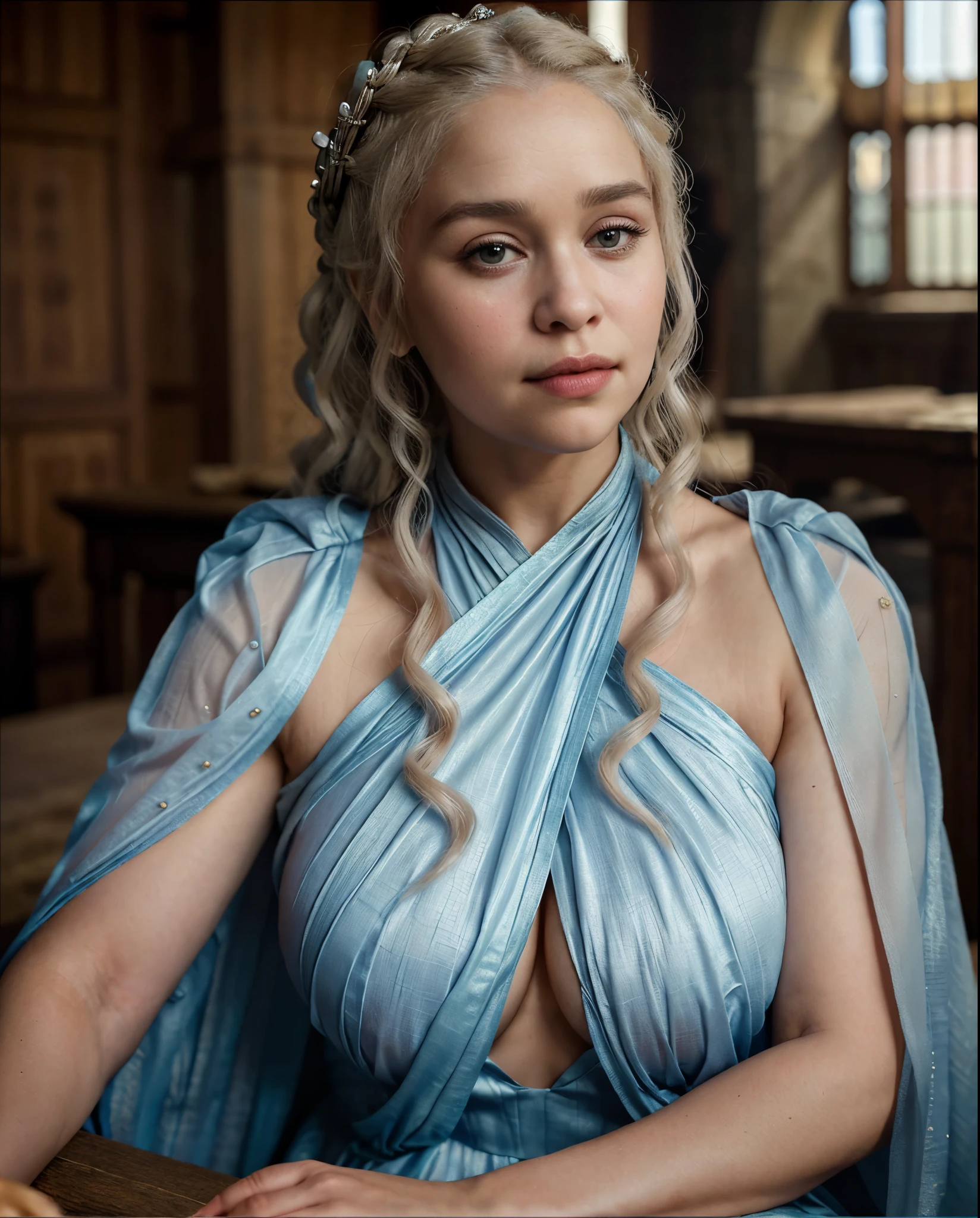 Solo woman, Linen cloth, linen dress, dress inspired by mediaeval period Royal lady, mediaeval maid linen dress, Royal Satin dress, Perfect eyes, flawless Beauty, pierced eyes, Masterpiece, Daenerys Targaryen, Gorgeous woman, queen, Queen Lady, Princess of Dragonstone, beautymarks on breast, The Unburnt, Queen of Meereen, Queen of the Andals, the Rhoynar and the First Men (claimant), Protector of the Seven Kingdoms (claimant), Khaleesi of the Great Grass Sea, Breaker of Shackles, Mother of Dragons, The One Who Was Promised, Lady of Dragonstone , 45 years Old, she is a Full growned lady now, beautiful mature lady, the queen, milf beauty, mature queen, Best quality, a small, charming Beauty, a captivating woman, fully ripen milf body, lustful queen, alluring appearance, unrivaled beauty, wonderful breasts, large breasts, mediaeval erotic costumes, a Game of Thrones-inspired costume, a close-up of a woman from the middle ages, Daenerys Targaryen, Daenerys, resembles Emilia Clarke, Emilia Clarke, scene from "Game of Throne," deep cleavage, warrior princess, healthy body, perfect thick body, attractive figure, fleshy body, style of "Game of Throne," beautiful lady, beautiful woman, mediaeval clothes, stunning woman, 8K, insane details, dress made of clothes and jewelry, perfect hair, styled hair, beautifully braided hair, high clarity eyes, perfect hands, perfect fingers, perfect eyes, single female,