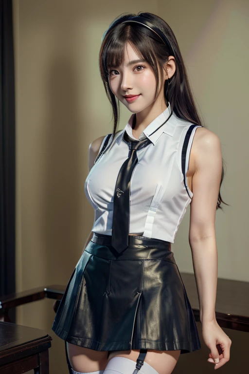 An innocent 20-year-old girl, (white sleeveless collared shirt and tie:1.5), (Leather mini Skirt with Stockings and Garter Set:1.5), (high heels), (Dramatic Pose),smile, (High Ponytail),natural Park、RAW Photos, (8k, highest quality, masterpiece:1.2), (Intricate details:1.4)、(Photorealistic:1.4), Octane Rendering, Complex 3D rendering with ultra-detail, Studio Soft Light, Rim Light, Vivid details, Super Detail, Realistic skin texture, Detailed aspect, Beautiful details in the eyes, Highly detailed CG Unity 16k wallpaper, compensate, (Detailed Background:1.2), Glowing Skin, whole body, ((thin legs)), small waist, Cleavage, (looking at viewer:1.2)