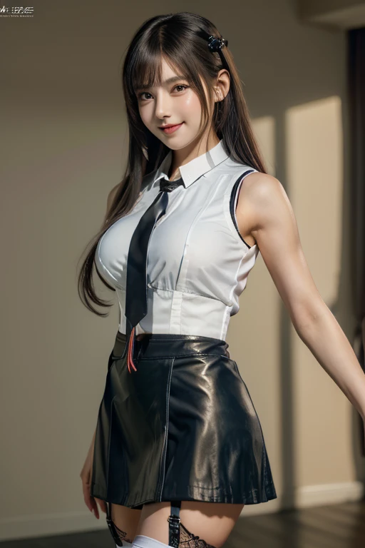 An innocent 20-year-old girl, (white sleeveless collared shirt and tie:1.5), (Leather mini Skirt with Stockings and Garter Set:1.5), (high heels), (Dramatic Pose),smile, (High Ponytail),natural Park、RAW Photos, (8k, highest quality, masterpiece:1.2), (Intricate details:1.4)、(Photorealistic:1.4), Octane Rendering, Complex 3D rendering with ultra-detail, Studio Soft Light, Rim Light, Vivid details, Super Detail, Realistic skin texture, Detailed aspect, Beautiful details in the eyes, Highly detailed CG Unity 16k wallpaper, compensate, (Detailed Background:1.2), Glowing Skin, whole body, ((thin legs)), small waist, Cleavage, (looking at viewer:1.2)