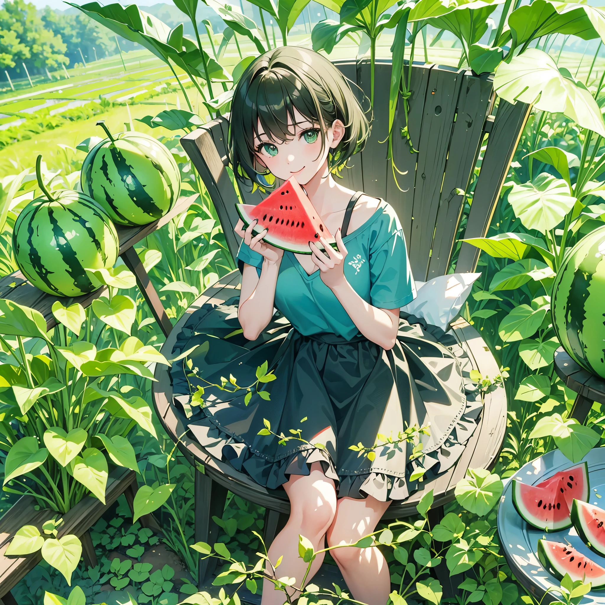 Top quality, masterpiece, 8K, watermelon field background with 5 watermelons behind, young girl sitting in chair eating watermelon, full smile, short green hair, green eyes, wearing green t-shirt, diagonal looking down angle