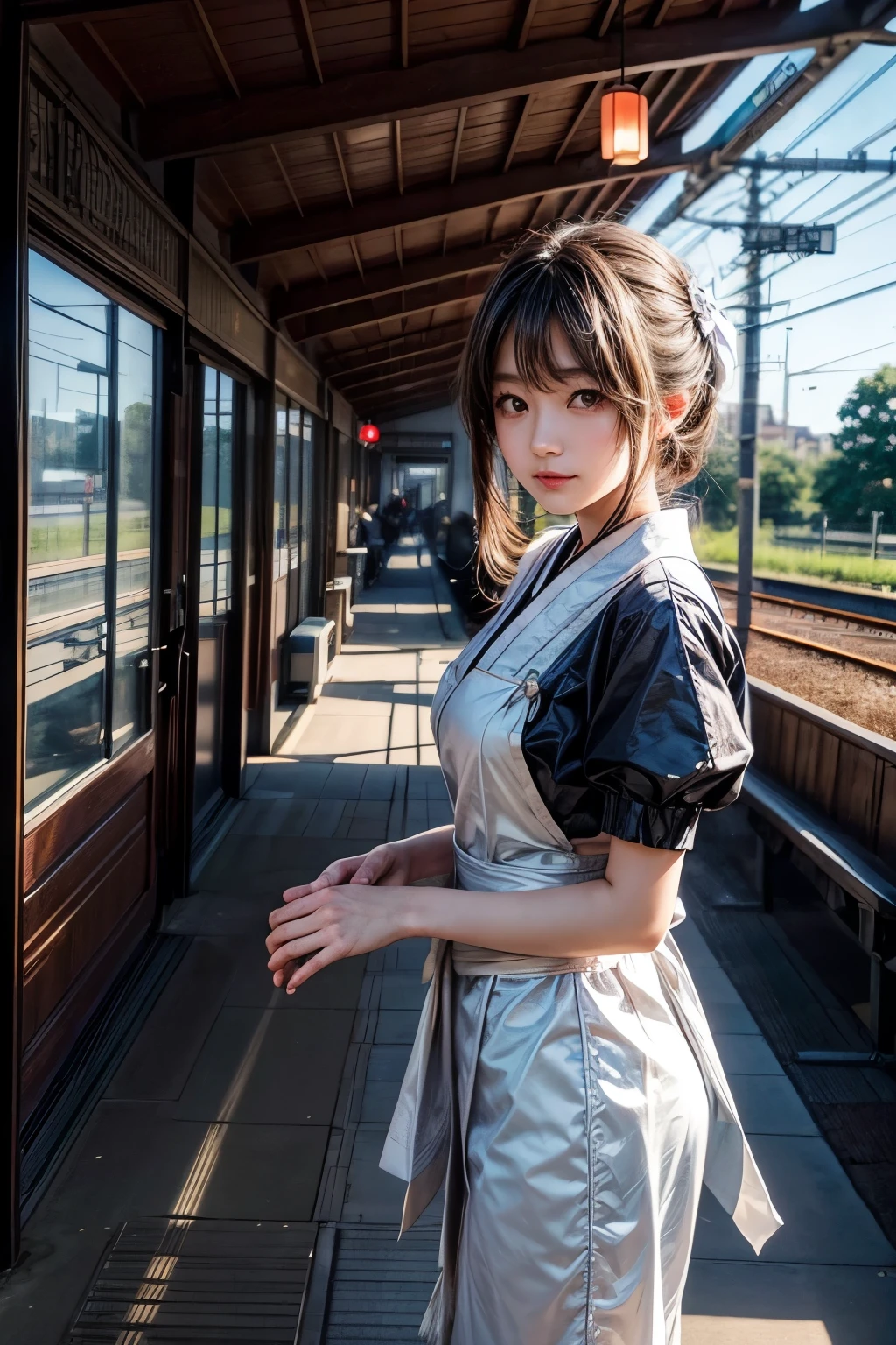 Photo A Japanese teenage woman. The various local station building fraom various eras onto Blueprint, with shimmering lines their design as the backdrop. Then, The various train model from various eras, Image employs the use of perspective to create depth. scene is bathed in beautiful warm afternoon light, with the sun reflecting off the woman and casting a soft glow on the surrounding are, wide screen aspect, She is wearing a maid-style costume.