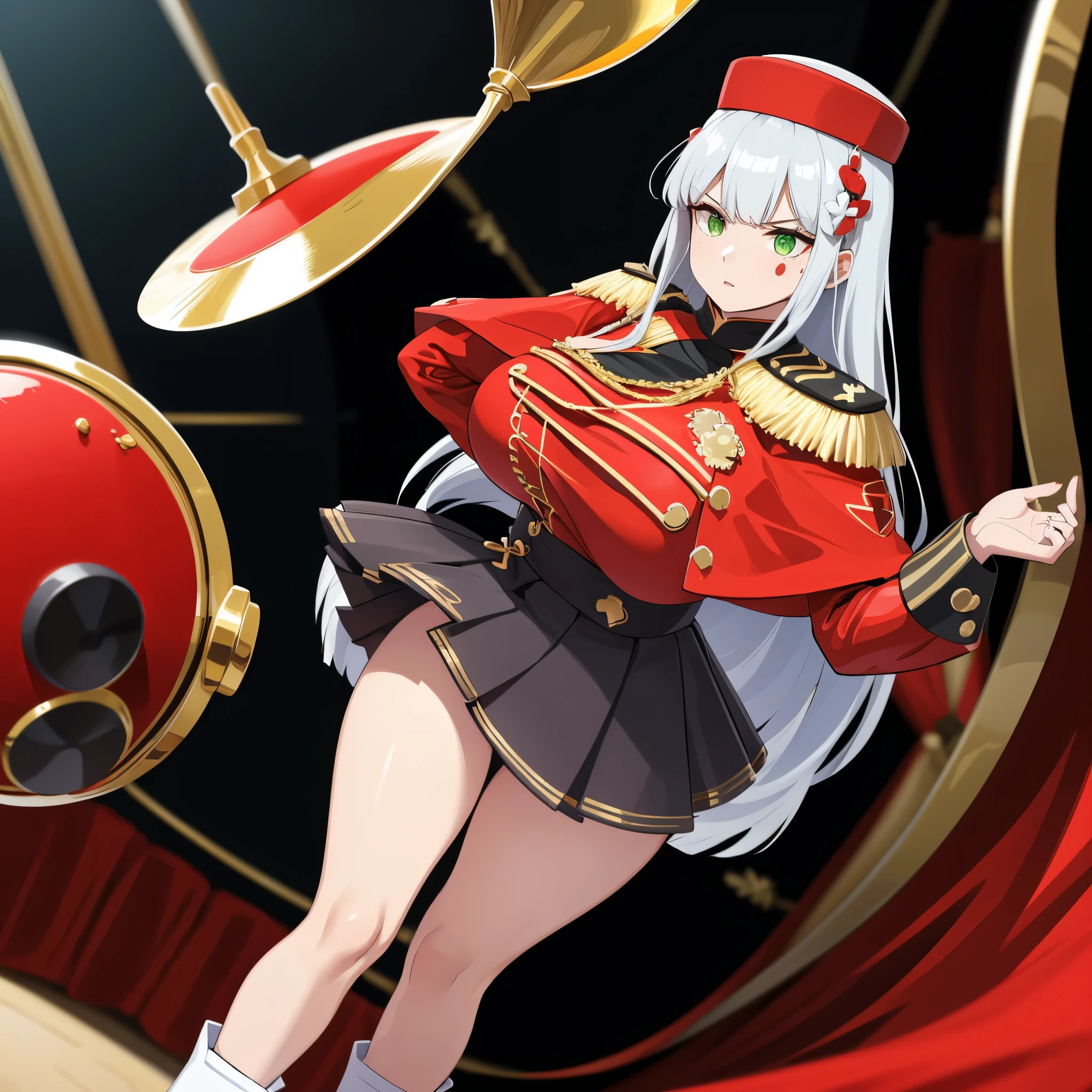 A woman wearing red marching band uniforms with gold details, gold shoulder pads, wearing a red drum major hat with gold details, black boots, big breasts, long silver hair, green eyes, serious face, full body, walking on the dance floor of a city, various people in blurred marching band uniforms,,( solo woman), glow, drop shadow, flower, UHD, masterpiece, accurate, anatomically correct, textured skin, super detail, high quality, best quality, 8k, high resolution, bokeh effect.
