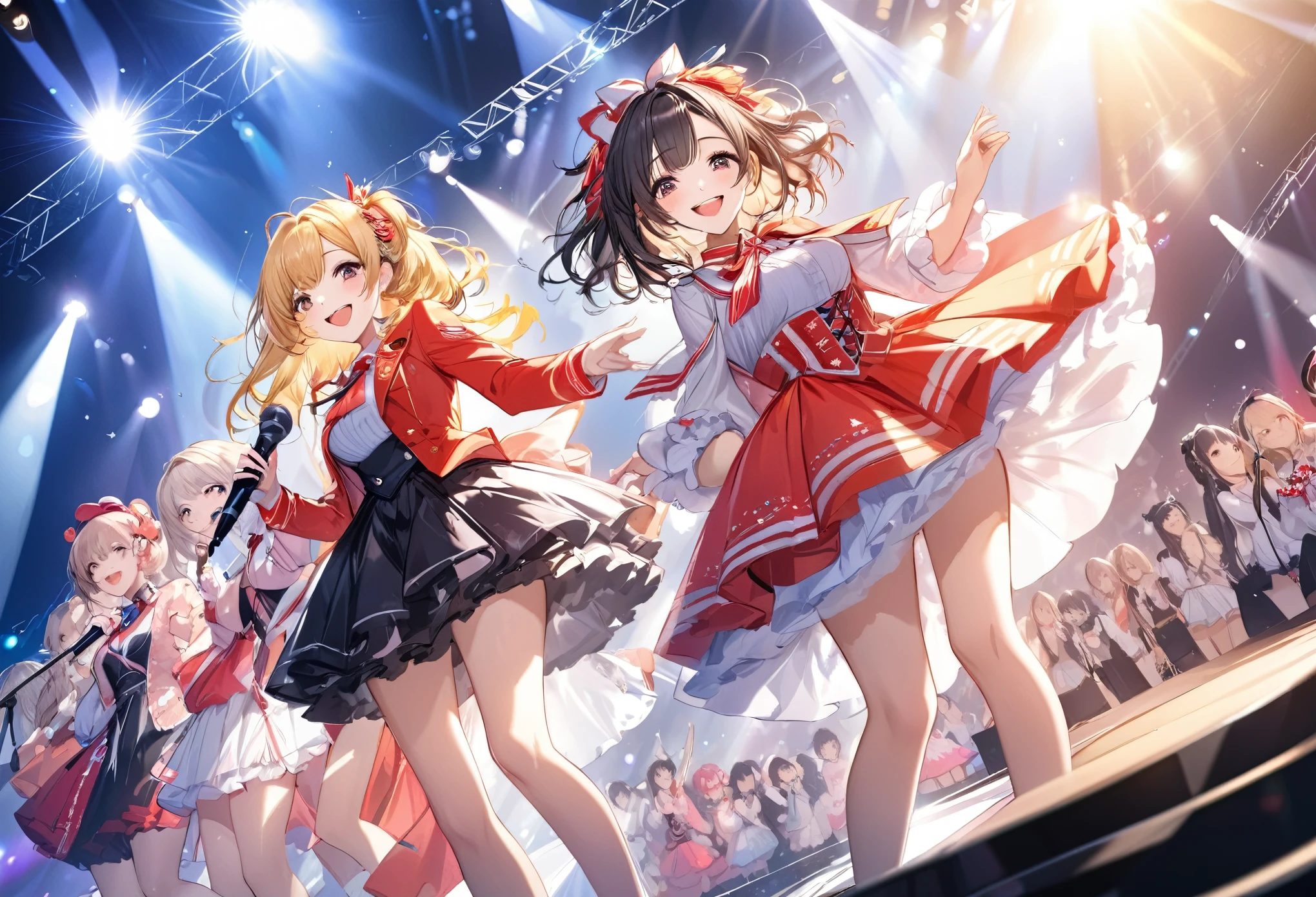 from above, dutch angle, best quality, masterpiece, idol concerts, gorgeous stages, flashy lighting, cute girls flying around while smiling and singing, cute adult costumes and accessories, dynamic feeling, attractive